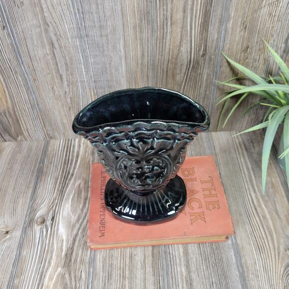 Vintage Fan Vase, Dark Green Cherub & Scrolls Pedestal - Picture 2 of 6